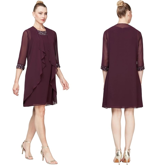 Chiffon Dress Sl Fashions Company SLNY Women's Chiffon Tier Jacket Dress With Beaded Neck And Cuffs Chiffon Dress Sl Fashions Company SLNY Women's Chiffon Tier Jacket Dress With Beaded Neck And Cuffs